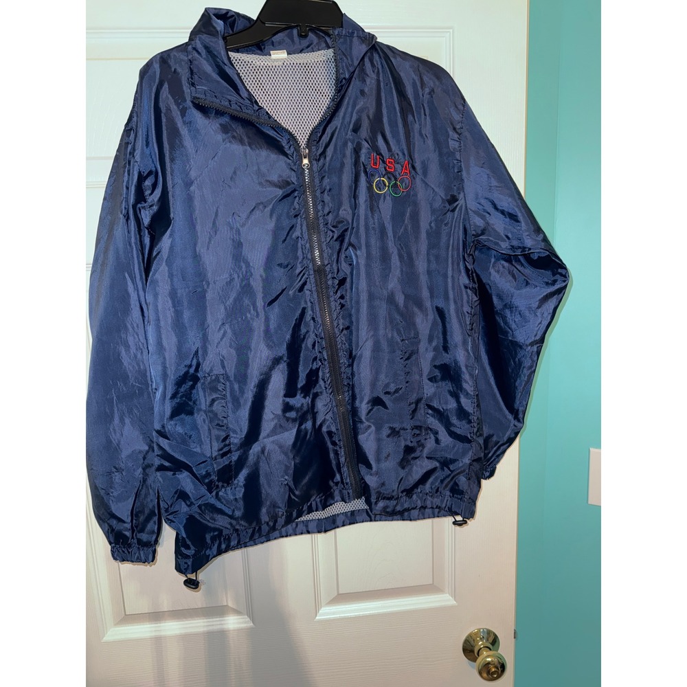 USA Olympics Windbreaker Jacket Navy Blue Full Zip Mesh Lined Mens Large